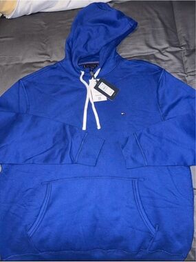 Tommy Hilfiger Royal Blue Pullover Hoodie with White Drawstrings